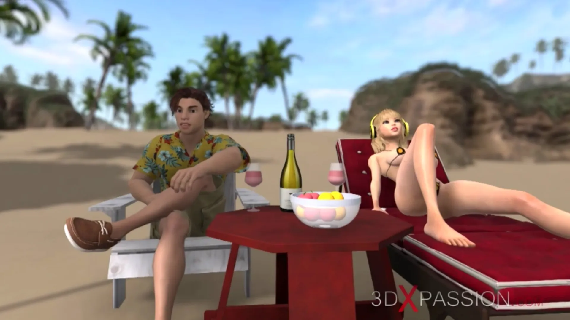 young couple relaxing on wild island