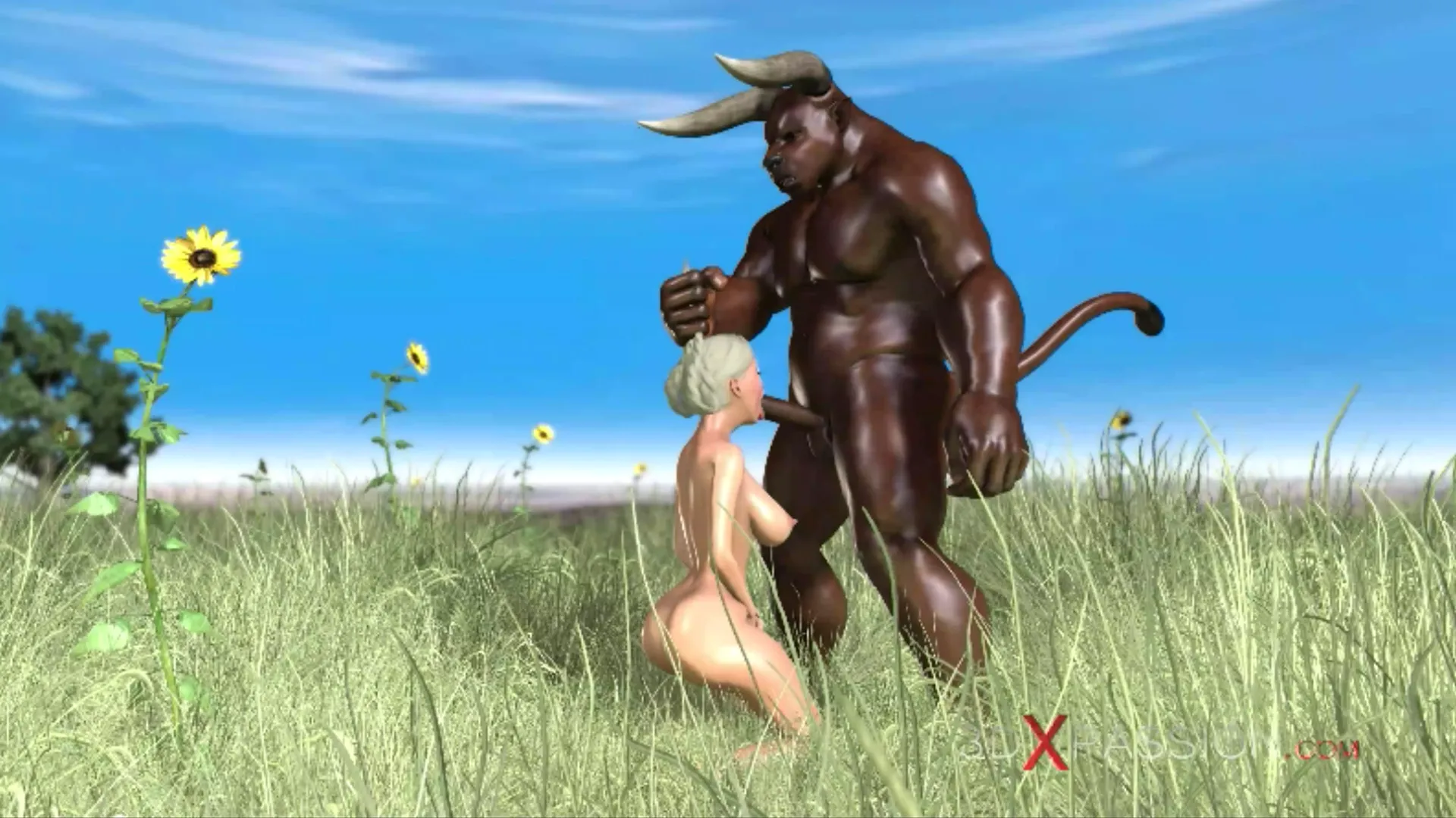 teen schoolgirl giving blowjob to minotaur outdoor