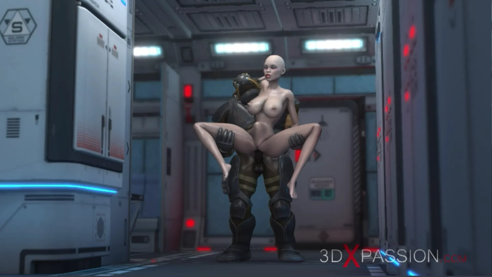 Sci-fi Alien monster standing fuck young girl in the Mars base camp