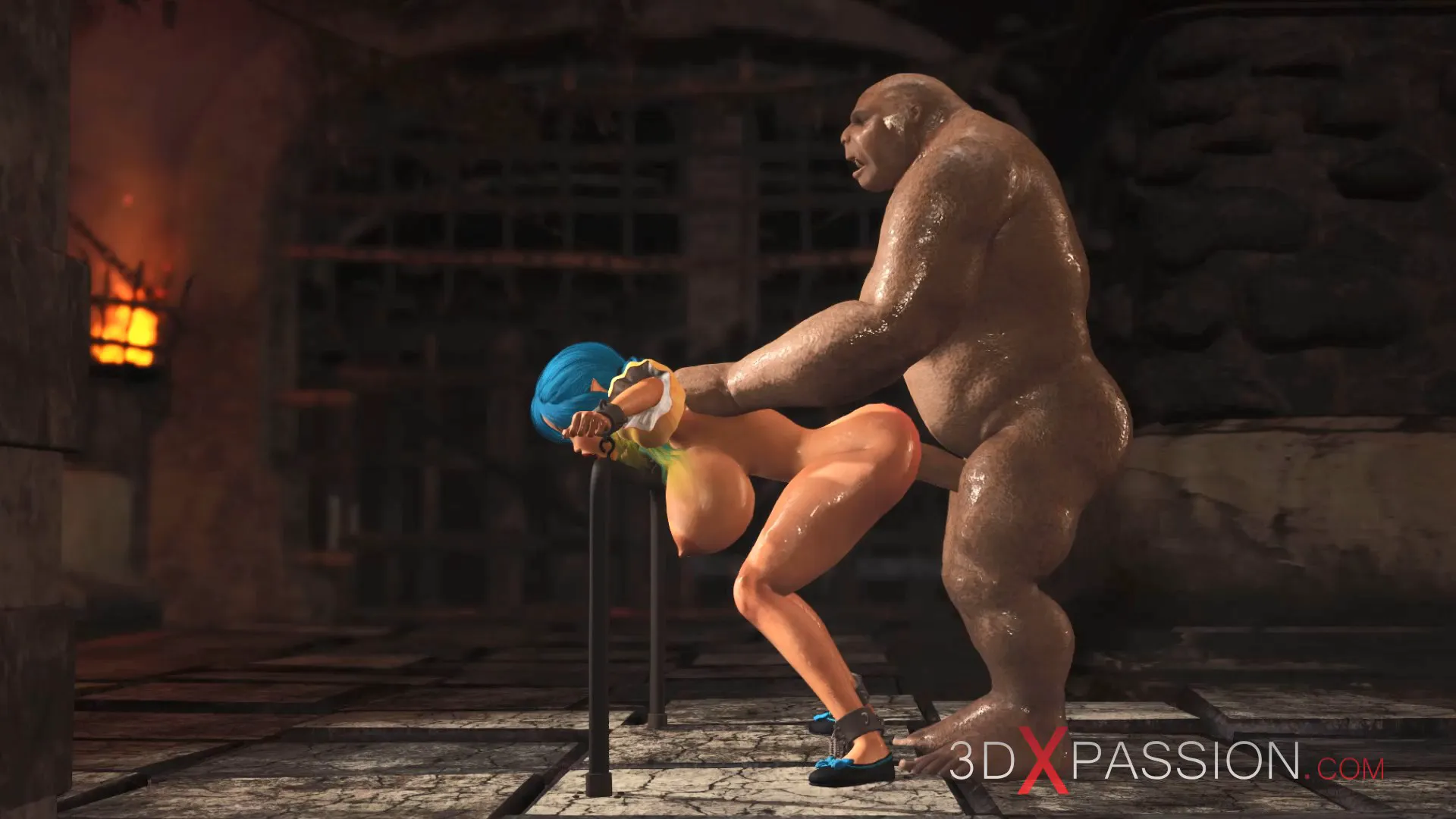 Beautiful female elf doggystyle big ogre in dungeon